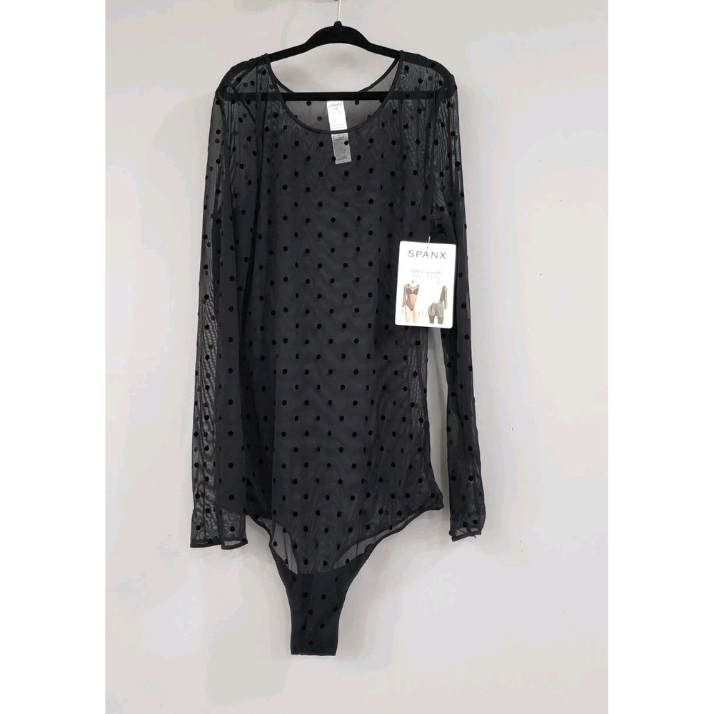 NEW LARGE Spanx Polka Dot Bodysuit Flocked‎ Dot Sheer Fashion Thong Long Sleeve